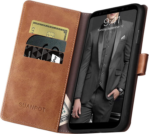 SUANPOT Galaxy Note 9 RFID Wallet Case - Leather Flip Folio, Credit Card Holder for Men & Women, Light Brown...
