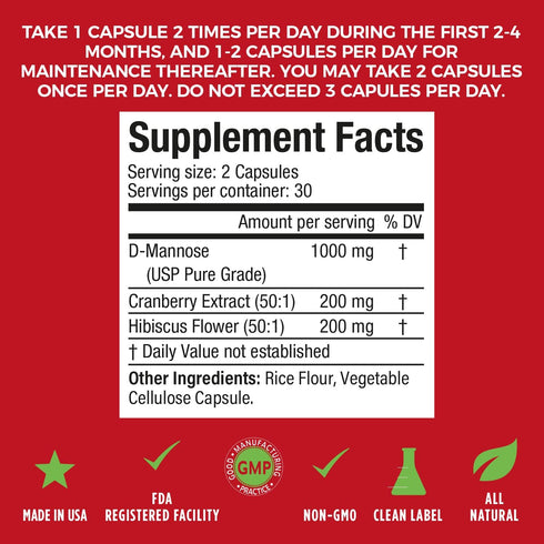 NewLife Naturals D-Mannose Capsules | w/Cranberry and Hibiscus Extracts | Natural Urinary Tract Health Supplement | 1400mg Pure Veggie Powder | 12...