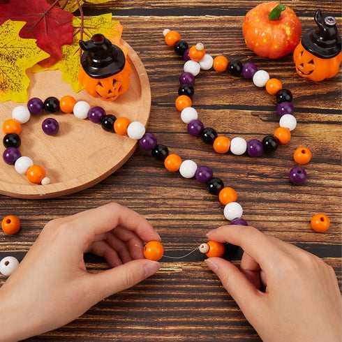 125Pcs Halloween Wooden Beads Pumpkin Wood Beads Garland Craft Round Loose Bead Ornaments for Jewelry Making Bead Assortments DIY Necklace Bracele...