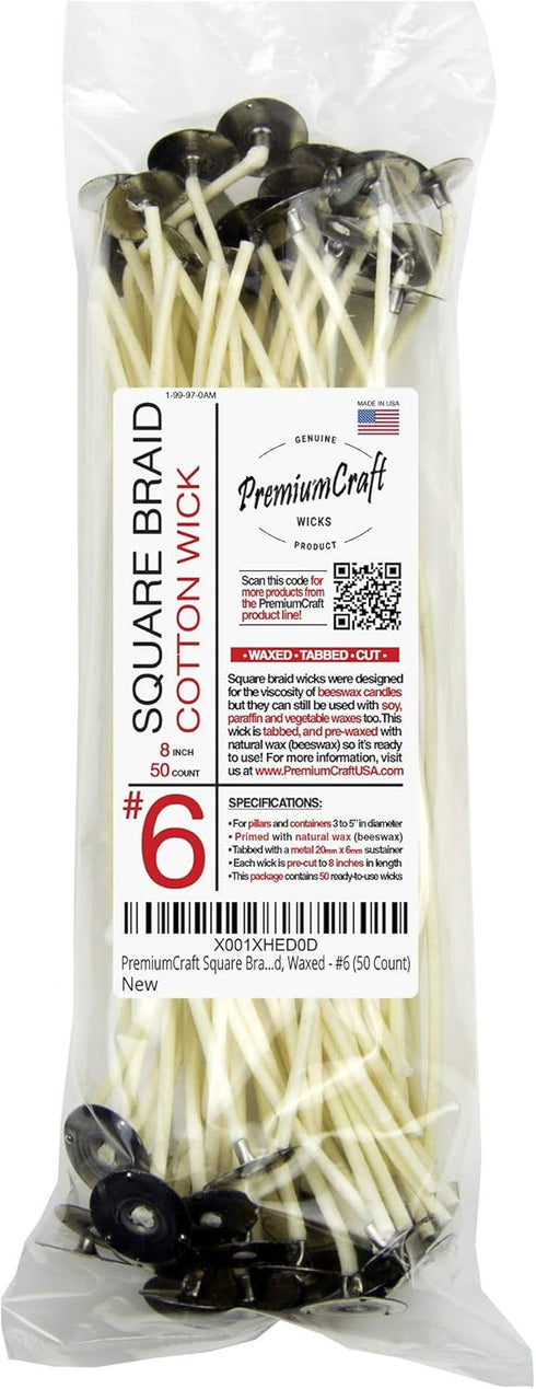 Square Braid Cotton Candle Wick - #6, Tabbed, Waxed (50 Count)...