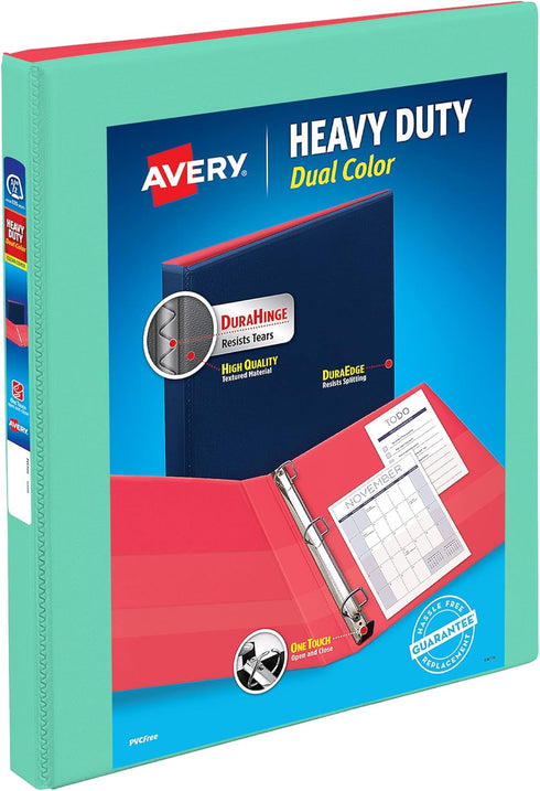 Avery Heavy-Duty Dual Color 3 Ring Binder, 1/2 Inch Slant Rings, Mint/Coral View Binder (17881)...