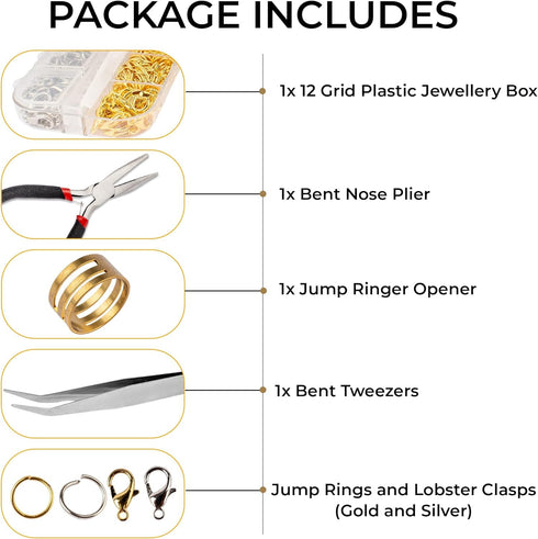 Open Jump Rings and Lobster Clasps Jewelry Fixing Kit (1200 pcs Gold and Silver) with a Bent Nose Jump Ring Pliers, Tweezers, and a Jump Ring Open...