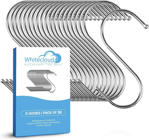 WHITECLOUDZ 30-Pack Silver S Hooks for Hanging Plants, Stainless Steel S hooks for hanging heavy-duty, Closet Hooks for Hanging Clothes, Durable k...