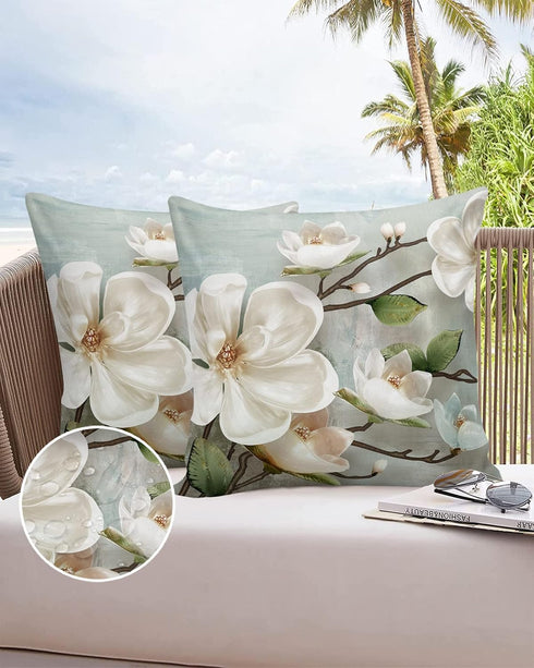 Waterproof Pillow Covers for Couch Throw Pillow Cases Set of 2, Farmhouse White Magnolia Flower Decorative Cushion Pillow Covers 18x18In,Indoor Ou...