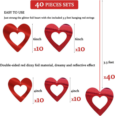 JOZON 40 Pieces Valentine's Day Glitter Heart Foil Hanging Decorations Red Hearts Hanging Ornaments Party Supplies for Indoor Outdoor Valentines B...