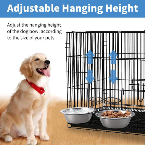 Anti-Slip Dog Bowls, 2 Pack Stainless Steel Dog Bowl Hanging on Cage, Pet Water and Food Bowls for Cats and Dogs, Dry and Wet Foods, with Non-Slip...