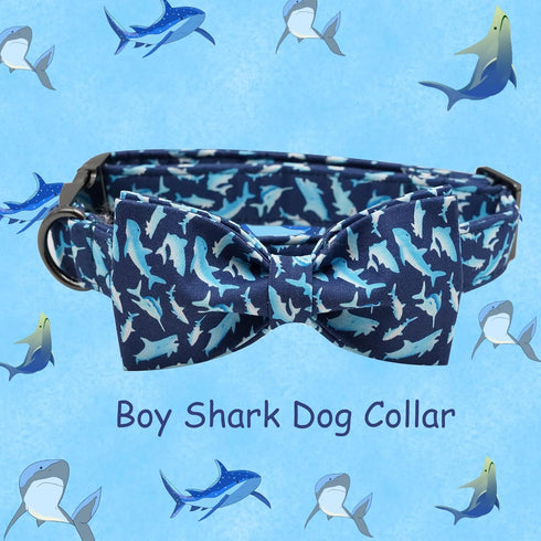 Elegant little tail Dog Collar with Bow, Shark Print Adjustable Dog Collar Cute Bowtie Dog Collar Boy Pet Collar for X-Small Puppy and Cat...