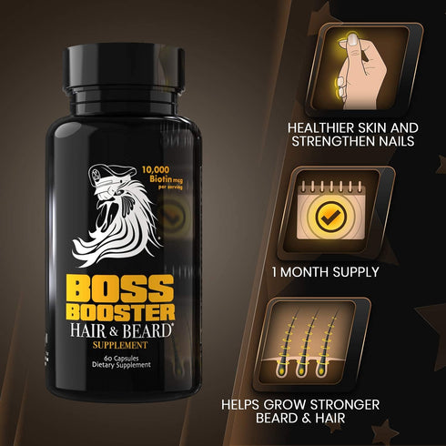 Bossman Boss Booster Supplement – 60 Capsules – MSM and 10,000 MCG Biotin Beard Growth Vitamins for Men – 30-Day Supply...