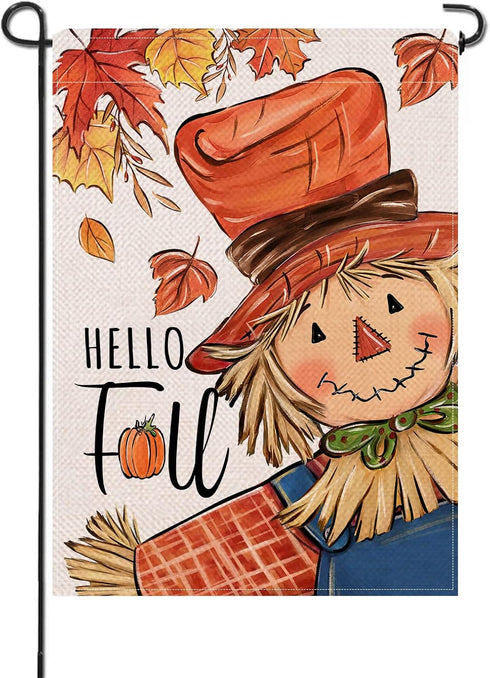 Hello Fall Scarecrow Small Decorative Garden Flag, Autumn Maple Leaves Rustic Yard Lawn Outside Decor, Thanksgiving Seasonal Farmhouse Country Out...