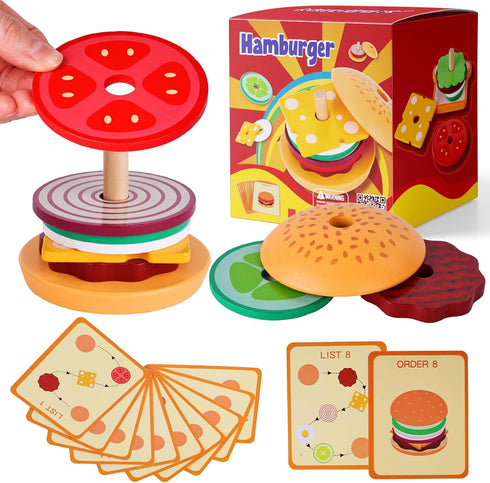 MCPINKY Wooden Stacking Toys, Montessori Toys for Kids Burger Stacking Toys Educational Preschool Learning Toys for Boys Girls Birthday Gifts...