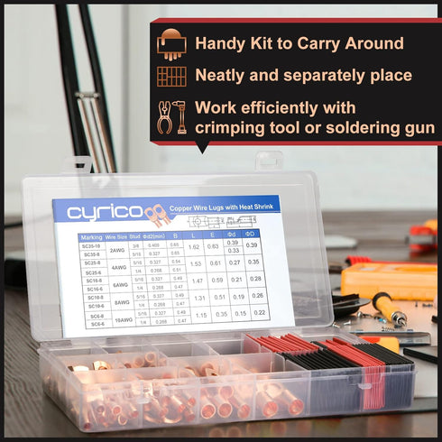 200pcs Battery Cable Ends, Copper Wire Lugs AWG 2 4 6 8 10 Gauge - 100Pcs Battery Cable Lugs Ring Terminal Connectors with 100Pcs Heat Shrink Asso...