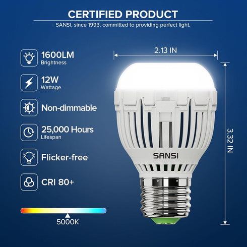 SANSI 100W Equivalent A15 LED Light Bulb, 1600 Lumens 5000K Daylight White Bulb, Energy Saving 25,000 Hours Lifespan Non-Dimmable 12W LED Bulb for...