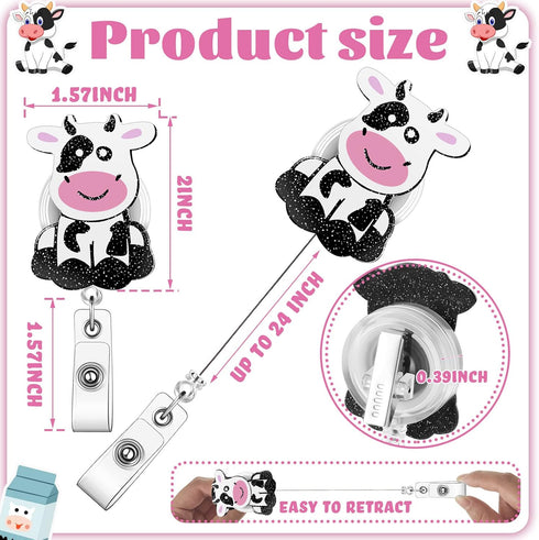 3 Pieces Cow Badge Reel Retractable Badge Reels Cute Name Badge Holder with Swivel Clip Funny Nurse Badge Reel for Office School Worker Doctor Nur...