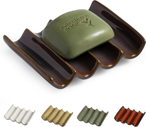 Bar Soap Holder, Soap Dish for Shower, Soap Saver for Bathroom, Sink, Kitchen, and Countertop, 5" x 3.9" Ceramic Japanese Soap Tray to Lift Soap K...