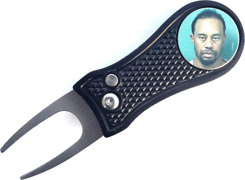 Tiger Woods Mugshot Golf Divot Repair Tool with Ball Marker - Foldable Switchblade Design (Gray)...