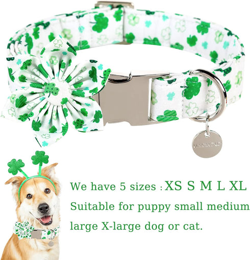 St. Patrick's Day Dog Collar with Flower, Cotton Flower Collar for Extra Large Girl Boy Dog, Durable Metal Buckle Pet Collar with Lucky Shamrock, ...