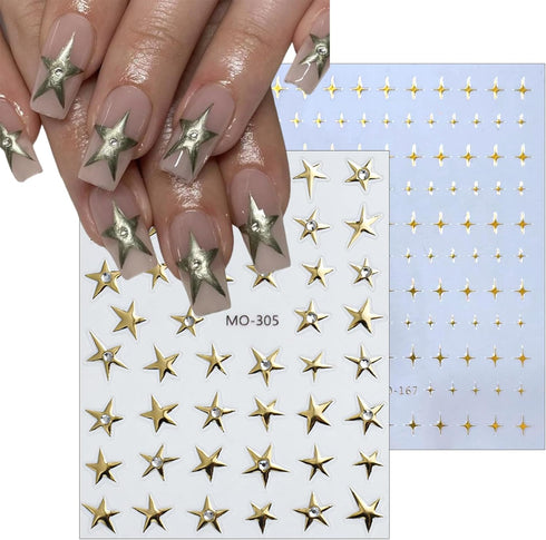 Star Nail Sticker 6 Sheets Gold Sliver Star Nail Art Stickers 3D Self-Adhesive Diamond Star Nail Decals Glitter Star Nail Charms Stickers Shiny Si...
