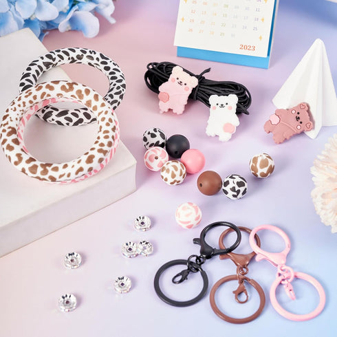 Magibeads 25Pcs Cow Bear Theme Silicone Beads for Keychain Making Kit 15mm Round Focal Beads Big Silicone Loop Rings Rhinestone Spacer Beads for C...