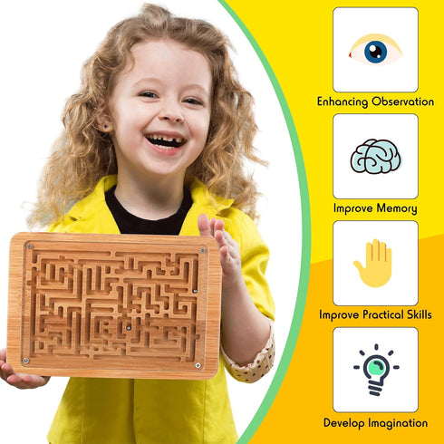 2 Pack Wooden Labyrinth Game Marble Maze with Steel Marble, Brain Puzzle Logic Toy Rectangular Challenging Labyrinth Board Game for Education and ...