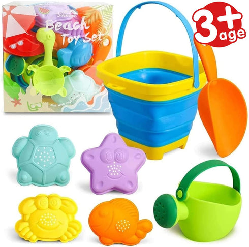 3 otters 15PCS Foldable Beach Bucket, Sand Toys Set Foldable Pail Colorful Beach Bucket with Sand Molds Collapsible Silicone Buckets...