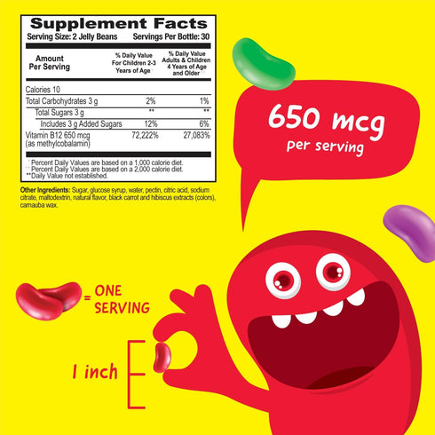 Vitamin B12 650mcg Jelly Beans for Kids - Tasty Natural Berry Blast Flavor - Vegan, GMO-Free, Gluten Free, Nut Free - Dietary Supplement - Energy ...