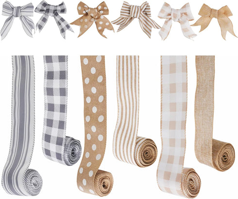 Wired Ribbons - Polyester Buffalo Plaid, Stripes, Dot, and One Burlap, Metal Wired Edge 2.5 inch Ribbons, 6 Rolls 30 Yards, Decorative Ribbons for...