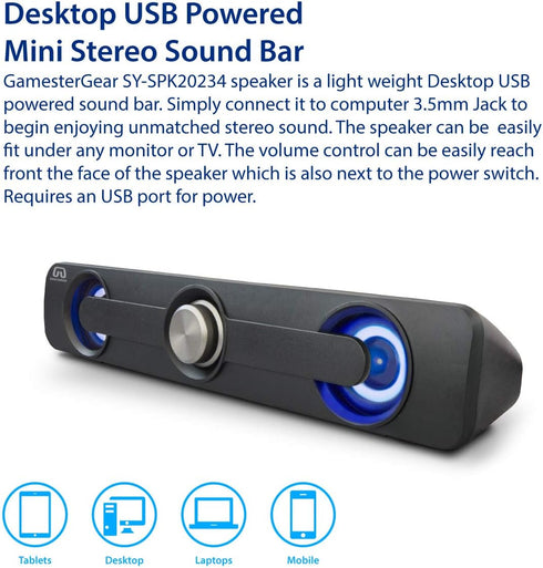 Desktop Compact USB Powered Wired Multimedia Mini Stereo Sound Bar 3.5mm Audio Jack Blue LED 2.5 Watts Speaker...