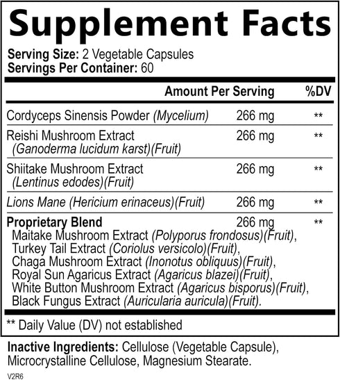 Mushroom Supplement - 10 Mushroom Complex Blend - Lions Mane, Reishi, Turkey Tail, Chaga, Cordyceps, Shiitake, Maitake - Nootropic Brain Supplemen...
