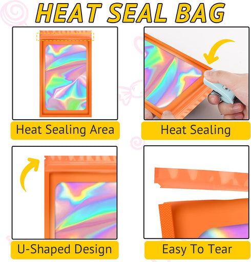 100 PCS Holographic Bags for Lashes, Candy, Small Baggies Sample Bag Smell Proof Packaging Bags for Jewelry, Present, Resealable Bags for Small Bu...