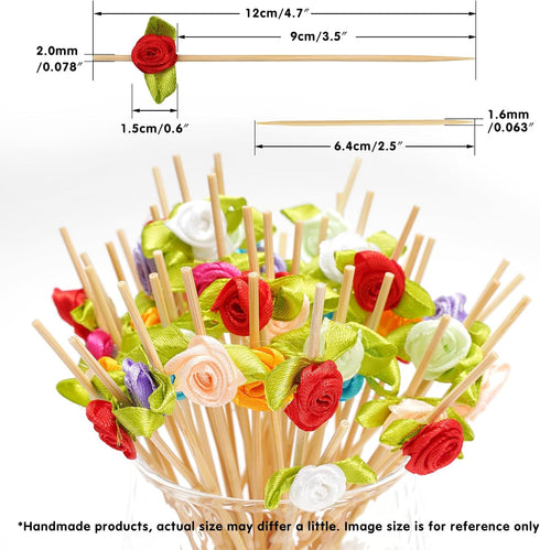 Minisland Multicolor Rose Flower Cocktail Picks, 4.7 Inch Long Bamboo Fancy Toothpicks for Appetizers, Bridal Shower Wedding Valentines Party Food...