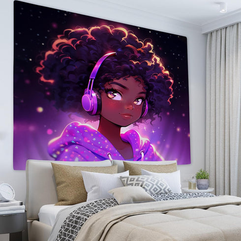 SARA NELL Tapestry Black Girl African American Girl Love Music Tapestries Hippie Art Wall Hanging Throw Tablecloth 50X60 Inches for Bedroom Living...