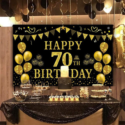 Trgowaul 70th Birthday Backdrop Gold and Black 5.9 X 3.6 Fts Happy Birthday Party Decorations Banner for Women Men Photography Supplies Background...