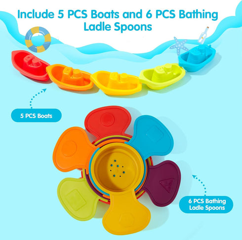 Bath Toys Rainbow Floating Boats with Bathing Spoon, 11 Pcs Water Table Toys Baby Bath Toys for Toddlers 1-3/Infants 6-12-18 Months Bathtub Toys S...
