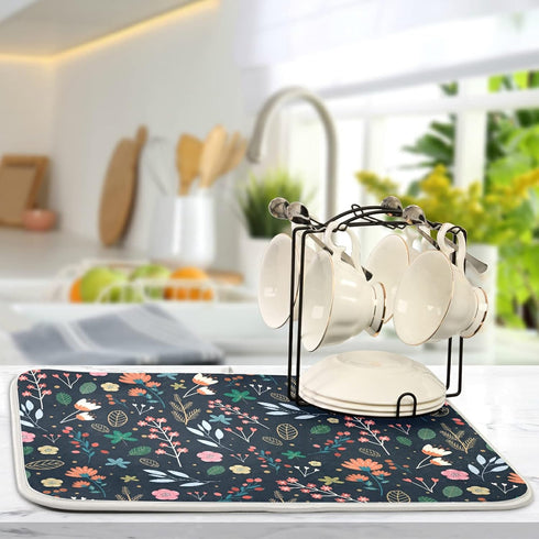Dish Drying Mat for Kitchen Counter Colorful Flowers Black Absorbent Drying Matt for Dishes Sink Countertop 16'' x 18''...