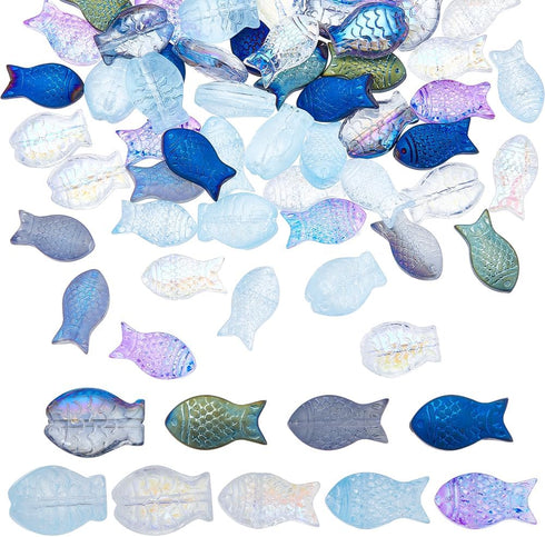 SUNNYCLUE 1 Box 90Pcs Fish Beads Fish Glass Beads Bulk Electroplated Frosted Blue Fish Animal Bead Summer Sea Ocean Animals Double Sided Loose Spa...