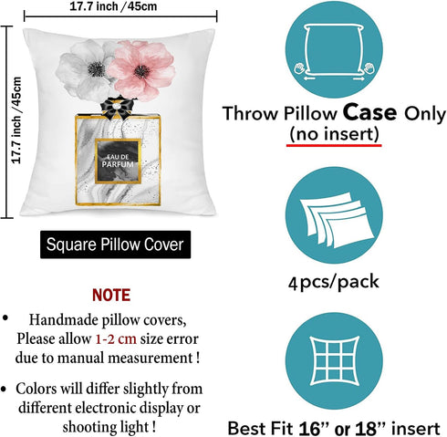 Set of 4 Pink Throw Pillow Covers 18x18 Fashion Cute Decorative Pillow Covers Bed Sofa Couch Pillow Covers Pink Flower Gold Perfume Lipstick Paris...
