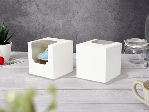 White Cupcake Boxes Individual 15 Count Pre-Assembled with Window and Inserts, Individual Cupcake Containers Auto-Popup for Wedding Baby Shower Mo...