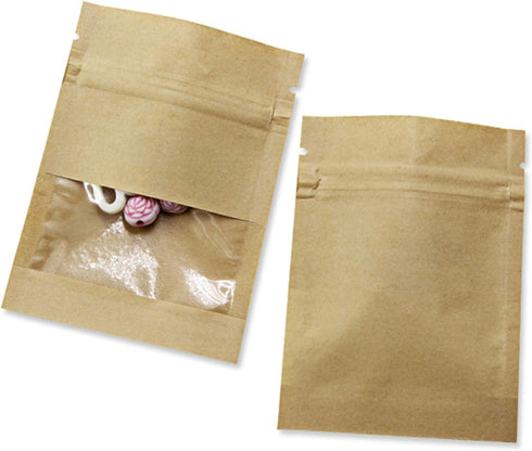 PABCK 100 Pack (Inner Size 2.36x2.36inch) Clear Window Airtight Seed Packets Brown Kraft Paper Envelopes for Zip Food Storage Lock Small Bags Zipp...
