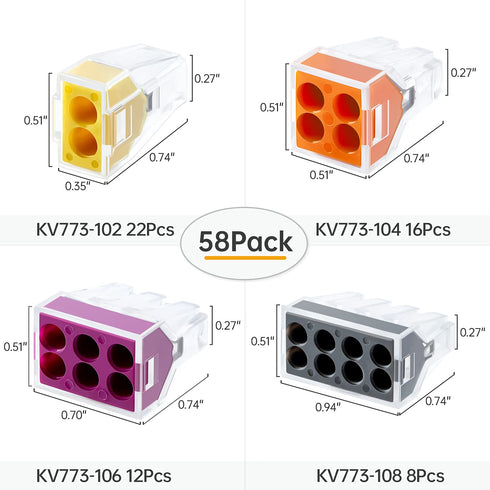 GKEEMARS 58 Pcs Push-in Wire Connector 773 2/4/ 6/8 Port Conductor Assortment Pack for Junction Box...