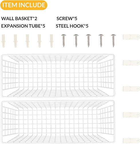 2 Sets Extra Large Hanging Wall Basket, White Metal Wire Baskets with Steel Hooks for Organizing, WallmountedFruit Vegetable Toy Snack Storage, Ho...