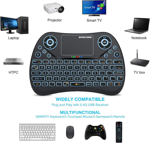 Mini Wireless Keyboard with Touchpad Mouse, 2.4GHz Portable Handheld Keyboard with QWERTY Keypad,RGB Backlit,Rechargeable Battery for Android TV B...
