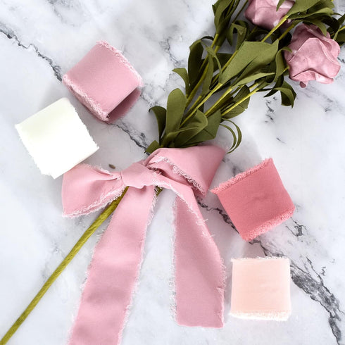 TONIFUL 4 Rolls Silk Chiffon Ribbon, 1-1/2 Inch x 22yds, Dusty Pink and Cream Chiffon Ribbons Set, Handmade Fringe Silk Ribbon for Gift Wrapping B...