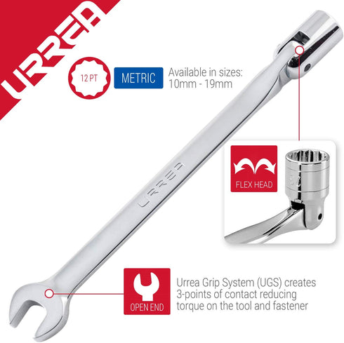 URREA 12-Point Flex Head Socket Wrench - 14mm Flexible Head Combination Wrench with Ratchet Box End & Fixed Open End - 1270-14M...