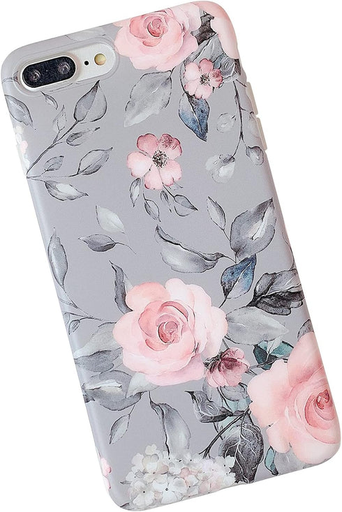 YeLoveHaw for iPhone 8 Plus / 7 Plus Case for Girls, Flexible Soft Slim Fit Full Protective Cute Phone Case Cover with Purple Floral and Gray Leav...