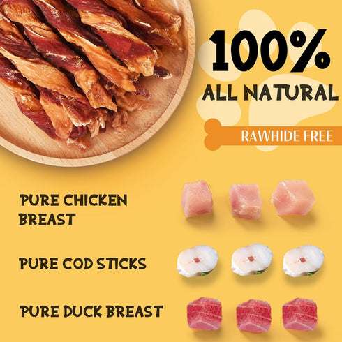 ASMPET Dog Triple-Flavor Treat Twists Stick, Non-rawhide Chicken Chews w/Fish & Duck, Nutritious All Natural Ingredients Dog Treats for Small, Med...