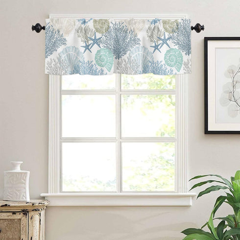 Blue Farmhouse Short Window Curtain Valances, Summer Beach Coral Starfish Valances for Windows, Ocean Nautical Coastal Rod Pocket Window Treatment...