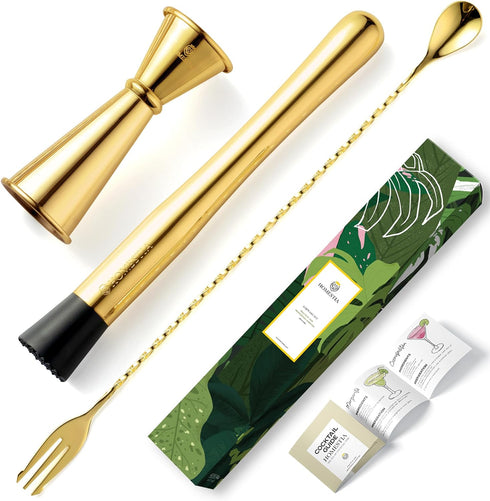 Homestia 10" Stainless Steel Muddler for Cocktails Drink Muddler, 12" Cocktail Spoon, 1 oz 2 oz Double Jigger, Basic 3 PCS Gold Cocktail Set Mixin...