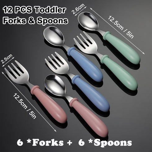 12 Pieces Toddler Utensils,Stainless Steel Baby Forks and Spoons Silverware Set,Kids Silverware Set Children's Cutlery Set with Round Handle,Toddl...