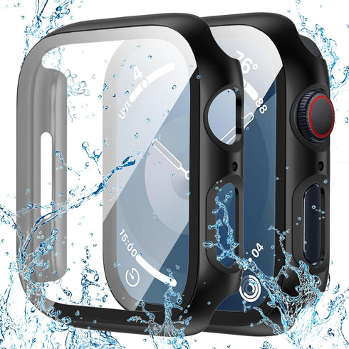2 Pack Waterproof Case for Apple Watch 45mm Series 9 8 7 with Tempered Glass Screen Protector, Full Protective Hard PC Bumper Case Face Cover for ...