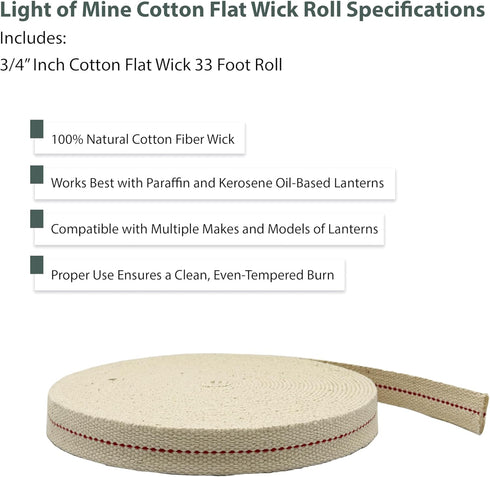 Light of Mine - 3/4" Inch 33' Foot, 100% Cotton Flat Wick for Paraffin Oil, Kerosene Based Lanterns, and Oil Lamps with Genuine Red Stitch (3/4" -...